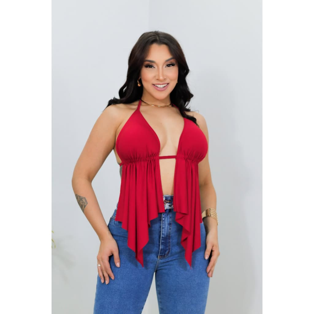 Blusa Cropped Frente Única Cortininha com Bojo Amarração nas Costas Bata Babado Costa Nua Estilo Gringa Malibu Boho Chic