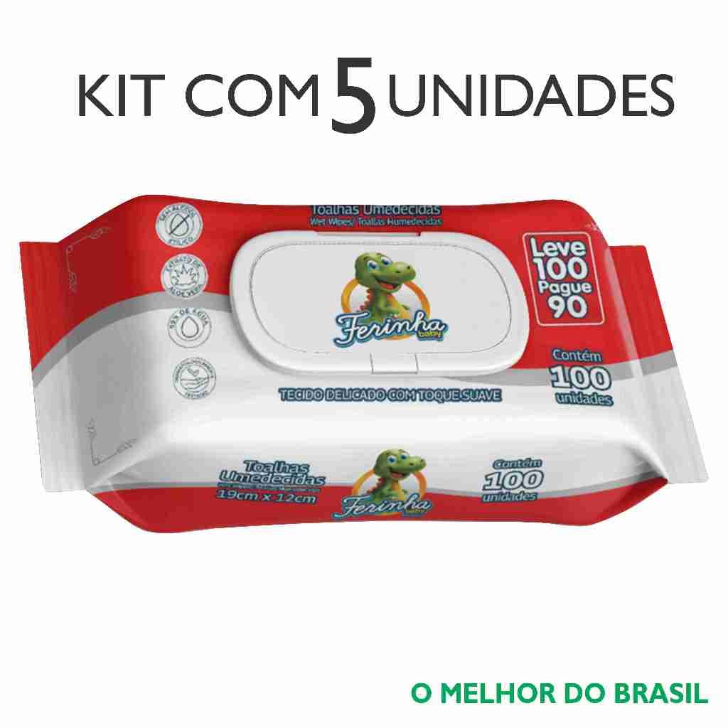 Kit Lenços Umedecidos - Toalhas Umedecidas - Ferinha Baby - 5 pacotes com 100 unidades cada