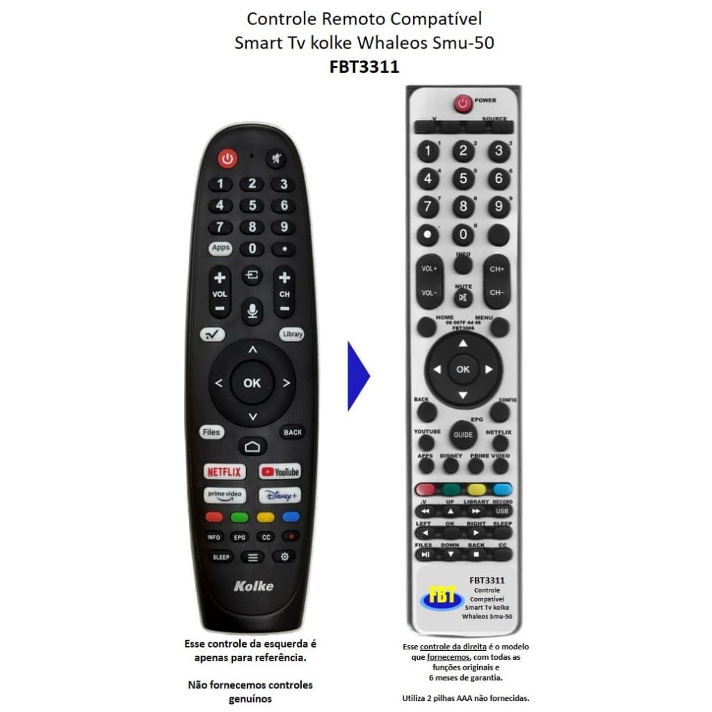 Controle Remoto Compatível p/ KOLKE SMART TV WHALE-OS 50-SMU FBT3311