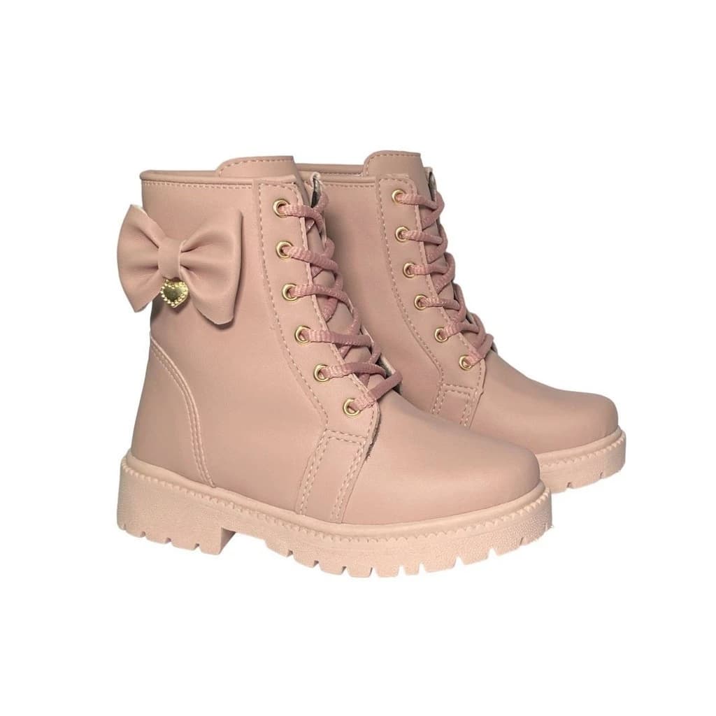 Bota Coturno Infantil Menina Laço Pingente Coração Tratorada Conforto Antiderrapante Inverno Casual