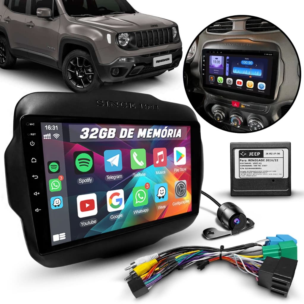 Som Pra Carro Multimidia Android Para Jeep Renegade + Chicote Plug In Play Canbus + Moldura 2 Din
