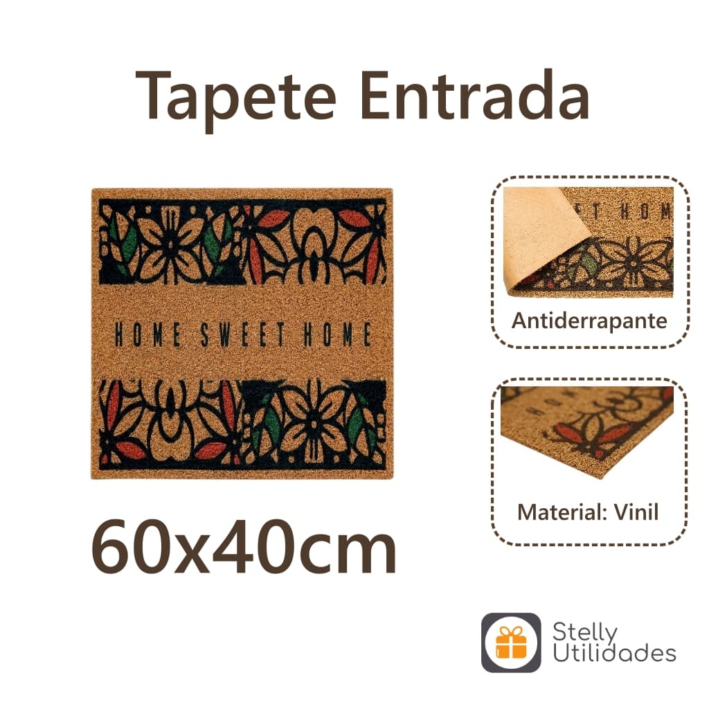 Tapete Entrada Porta Vinil Decorativo Home Sweet Home Floral, Antiderrapante e Fácil de Limpar