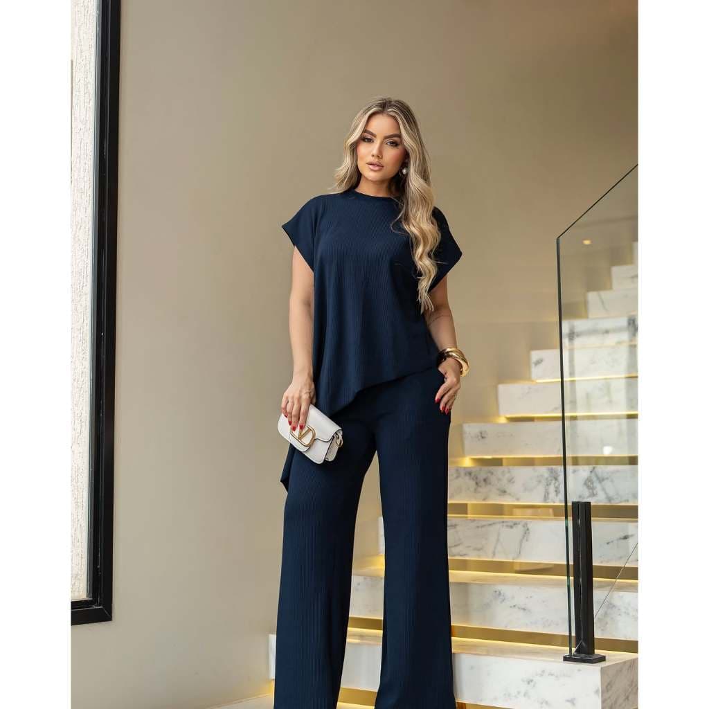 CONJUNTO BLUSA ASSIMETRICA PRETO. PANTALONA