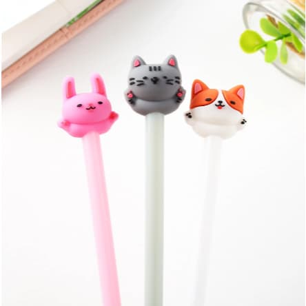 Kit Caneta Fofa em Gel Coelho, Gato e Cachorro. Ponta Fina Preta. Papelaria