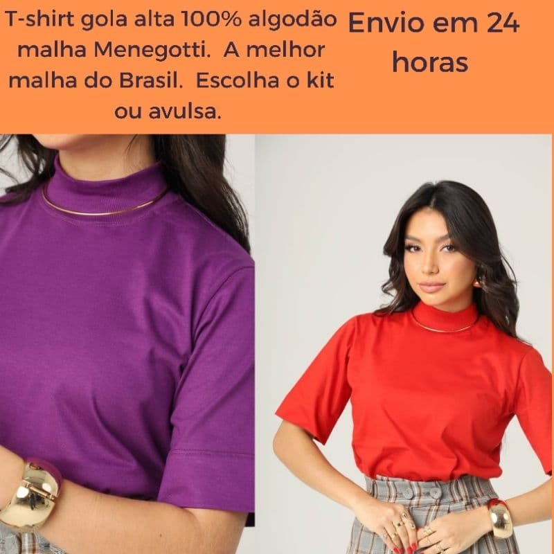 camiseta blusa feminina t-shirt gola alta ou o kit com 2 camiseta básica 100%algodão Menegotti