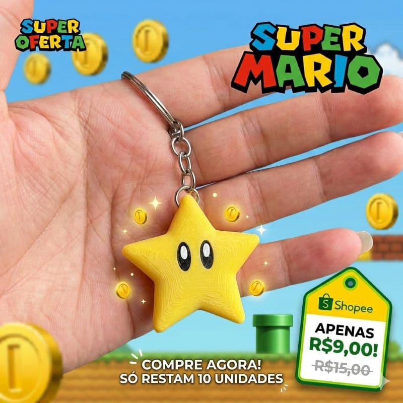 Chaveiro Estrela Amarela 3D • Estilo Game Retrô • Item Geek Fofo • Presente Criativo