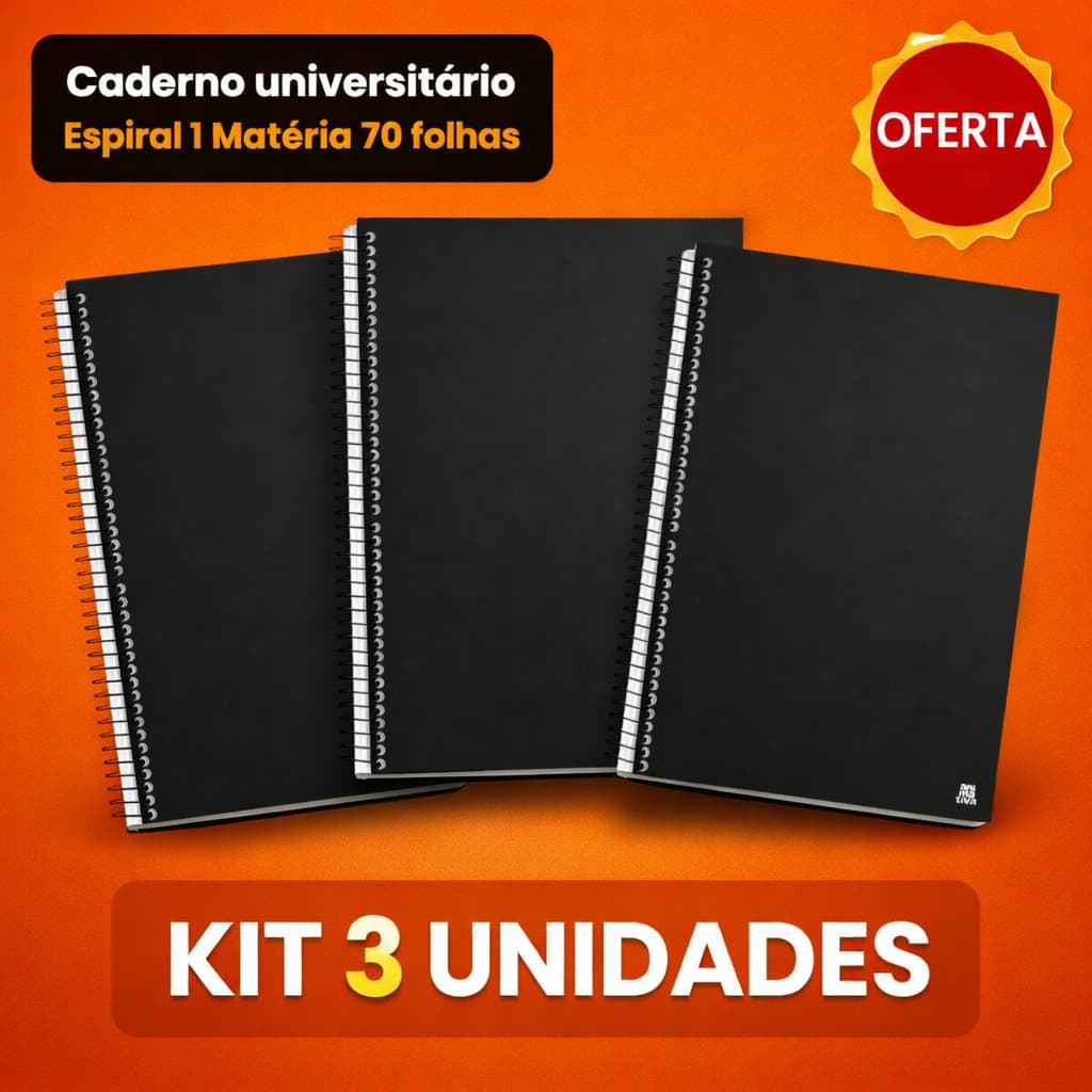 Kit 3 Cadernos Universitário 1 Matéria 70 Folhas Papel Sulfite Capa Preta Resistente Anotações