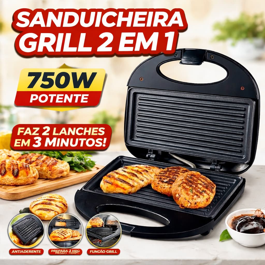 Sanduicheira Grill Elétrica 2 em 1 750W Antiaderente Prensa Dupla Lanches Rápidos 127V e 220V