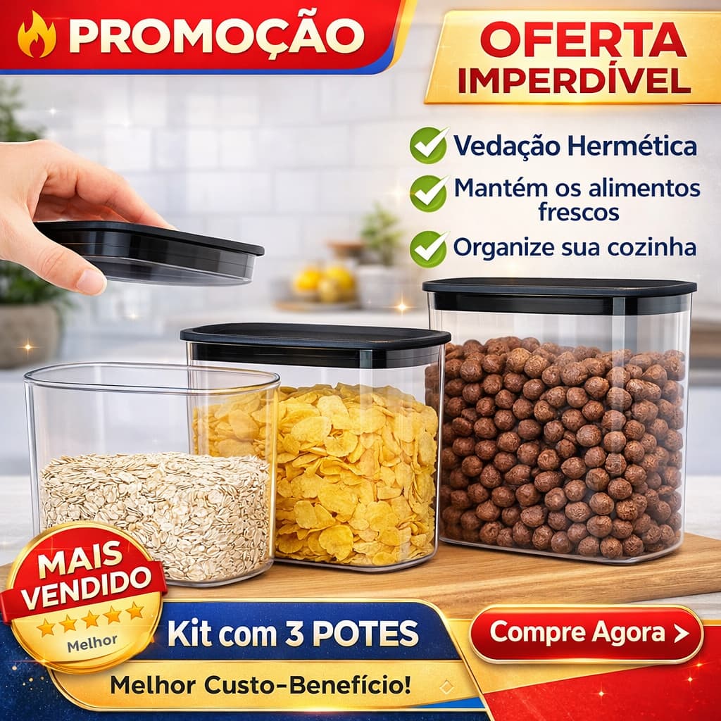 Potes Plásticos Transparentes Kit 3 Porta Alimentos para Armazenamento na Cozinha