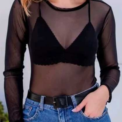 Body Manga Comprida Tule transparente Elegante