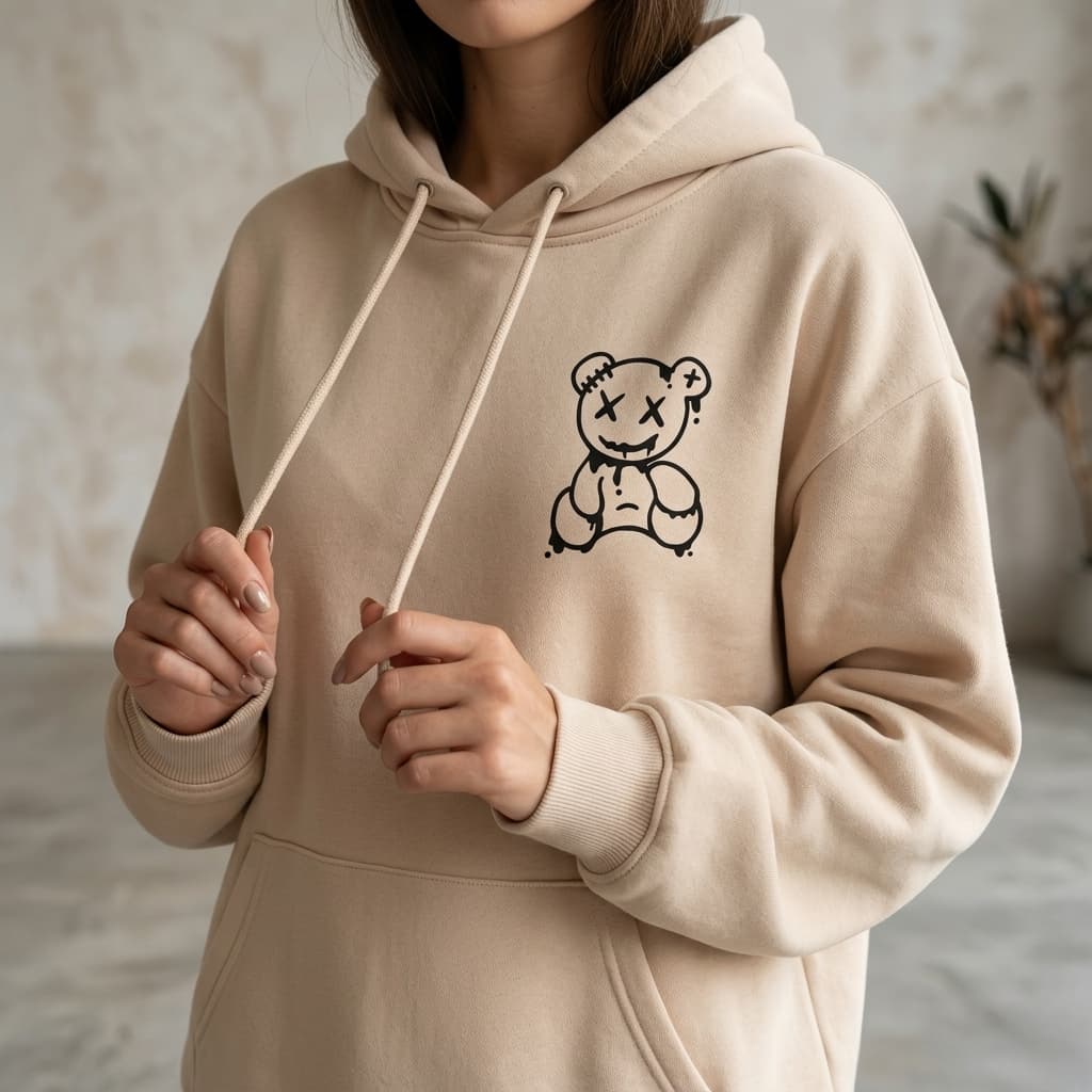 Blusa Moletom Capuz Canguru Algodão Estampado Casual Unissex Promoção Quentinho Frio Bege Urso