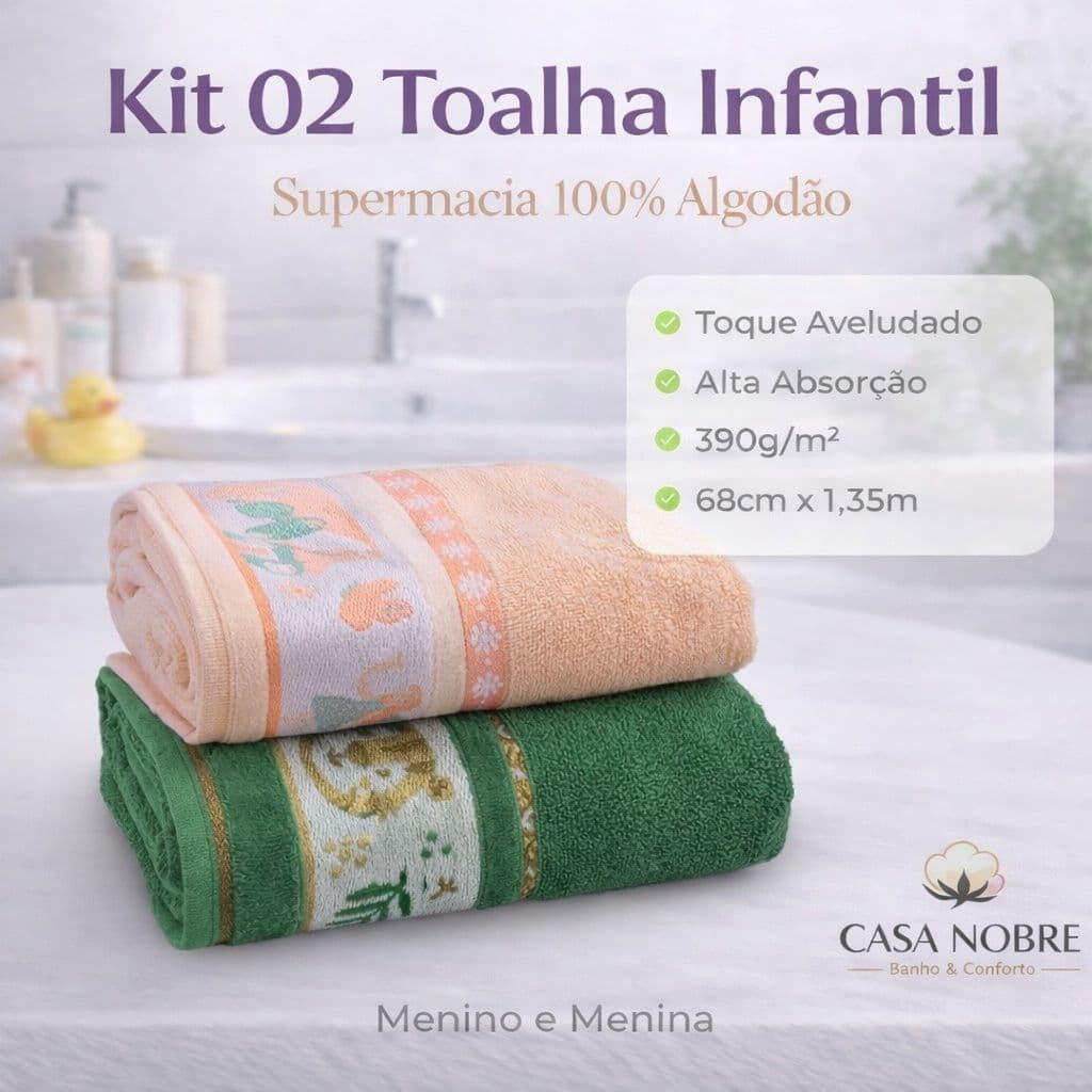 Kit/Jogo 02 Toalhas Infantil Algodão Super Macia Alta Absorção