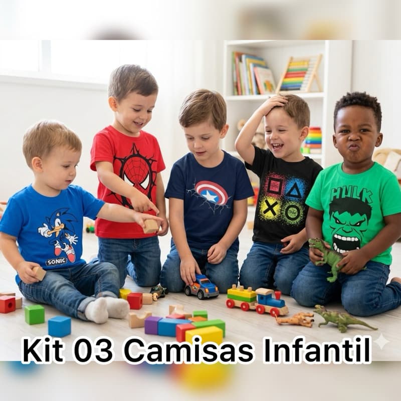 Kit 03 Camisetas Infantil 100% Algodão Personagens Basicas Lisas Variadas Sortidas Criança Camisa Blusa