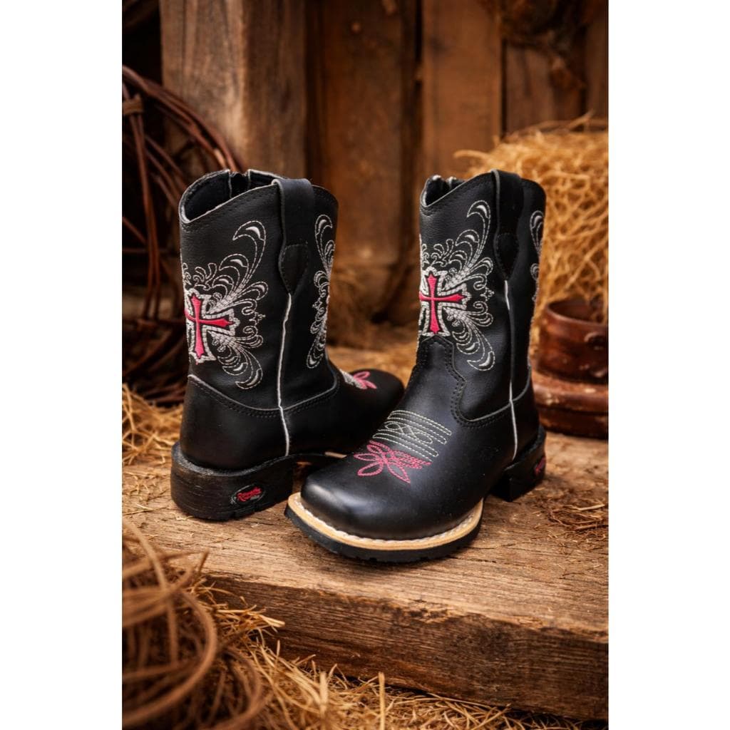 Botina Bota Texana Infantil Feminina Menina Country Cowboy Bordada Cruz Rosa Couro Rodeio Cano Alto