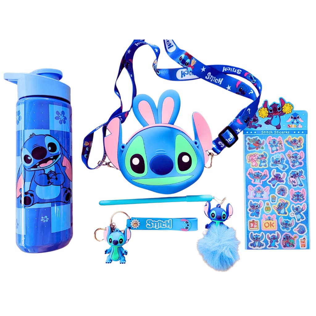 Kit  Bolsinha e Garrafa Stitch Caneta Pom Pom Stitch com Chaveiro Bolsa Stitch Silicone Azul Pequena Mini Bolsa tiracolo