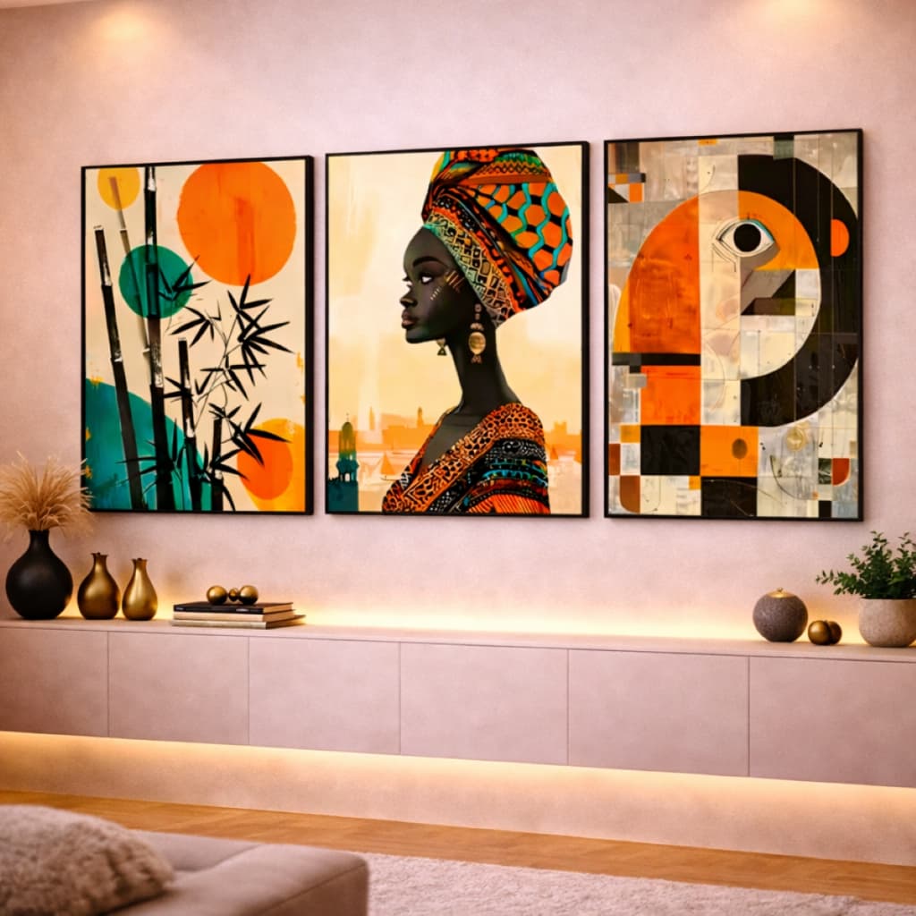 Quadro Decorativo Mulher Africana Beleza Natural Abstrato Hall 3 Peças