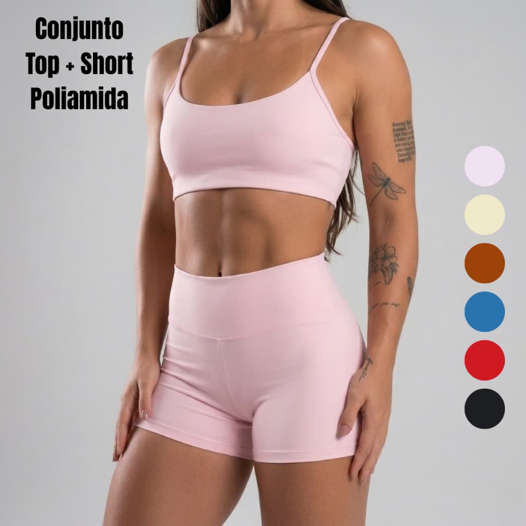Conjunto Fitness Feminino TOP + SHORT Poliamida Zero Transparência Cós Alto Academia Alta Elasticidade