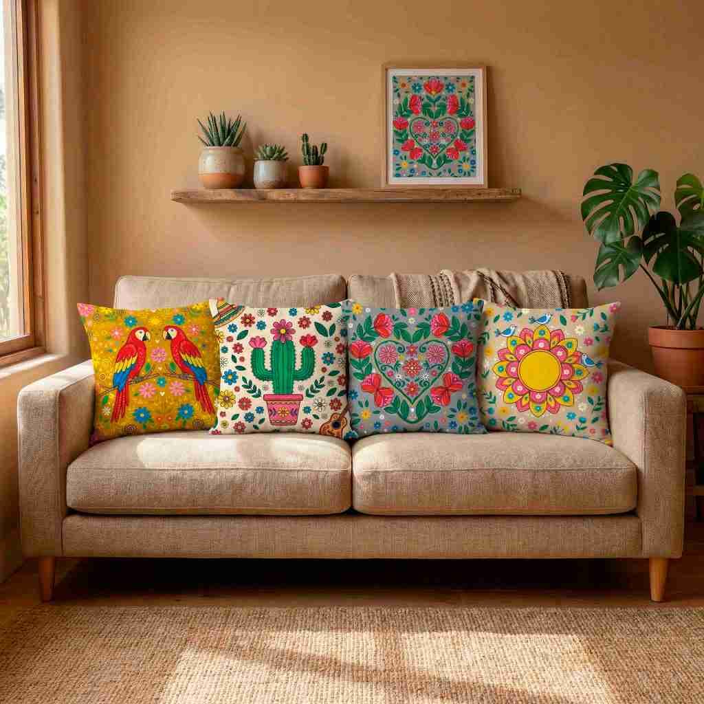 KIT 4 CAPA DE ALMOFADA 45X45 - COLEÇÃO ARTISTICA MEXICANA VERSÃO 3 ESTAMPA PREMIUM EXCLUSIVA