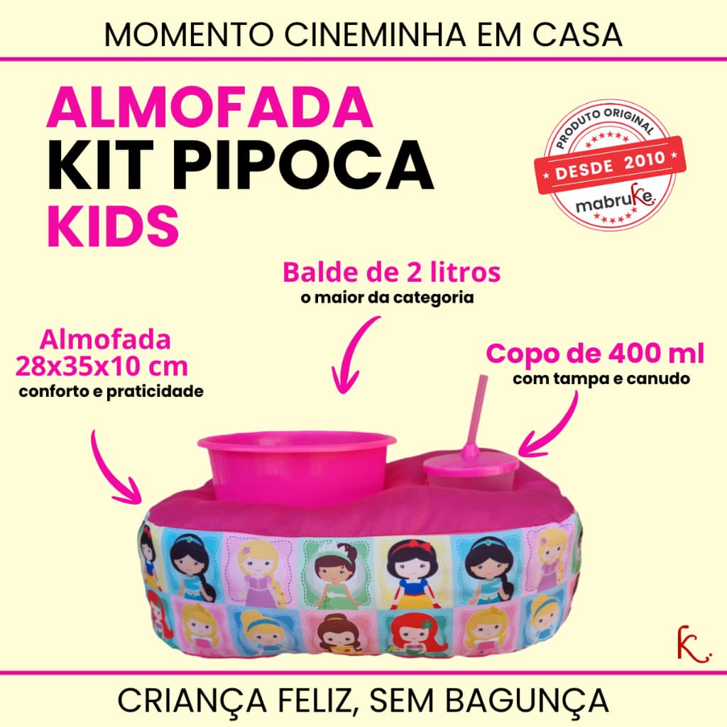Kit Almofada porta pipoca Kids Princesas Balde 2l + copo 400 ml