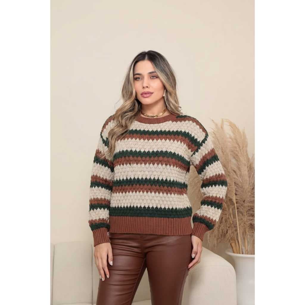 Blusa Listrada Feminina de Tricot Manga Longa Detalhes Gotas Sofísticada Lançamento Moda Inverno