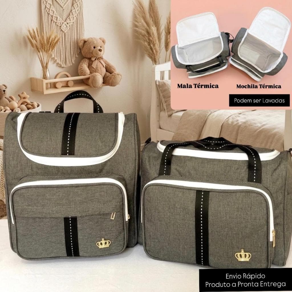 Mala e Mochila Silver Black Bolsas Saída  Maternidade e passeio 02 Peças Térmicas