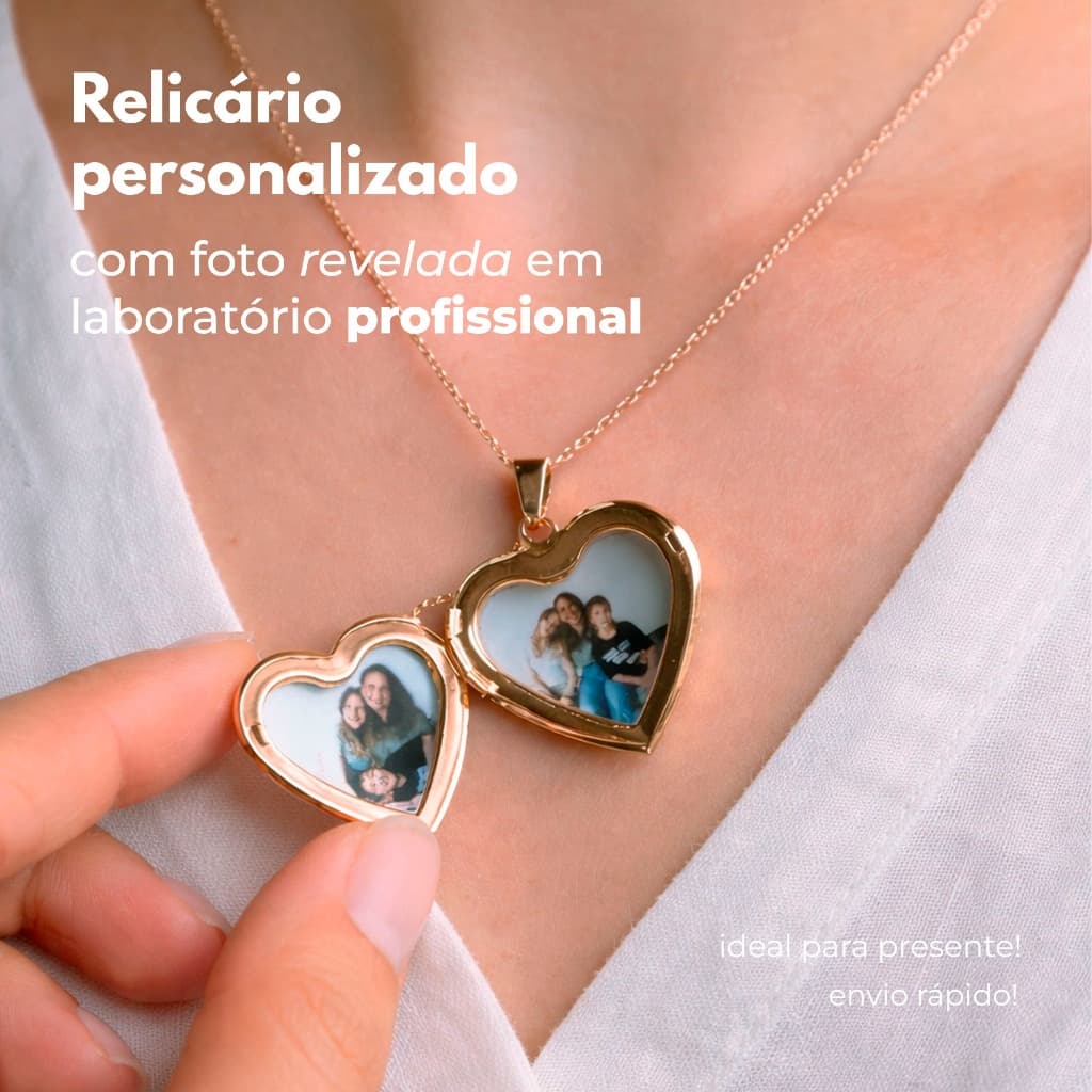 Relicário Coração Personalizado + 2 Fotos Inclusas Reveladas - Colar Pingente de Memória Presente Dia das Mães