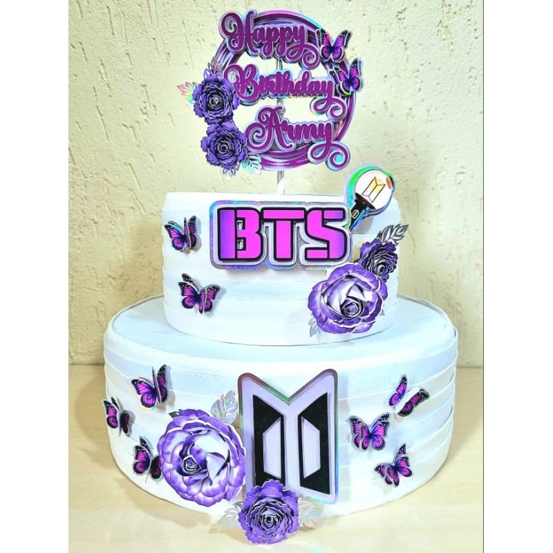 Topo de Bolo BTS Luxo 3D com Nome Personalizado | Tema Kpop Army Roxo com Flores e Borboletas