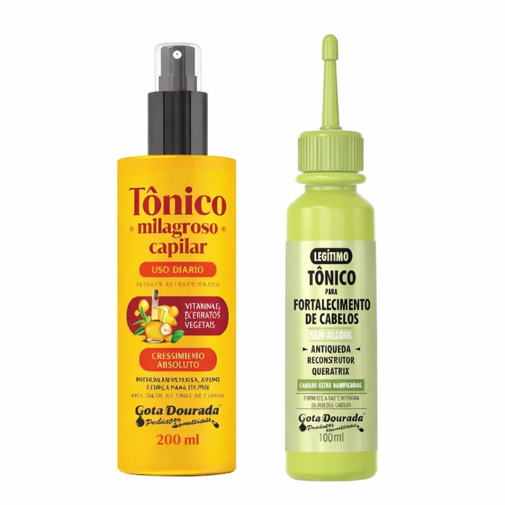 Kit Gota Dourada Tônico Antiqueda 100ml + Tônico Milagroso 200ml Crescimento e Fortalecimento Capilar