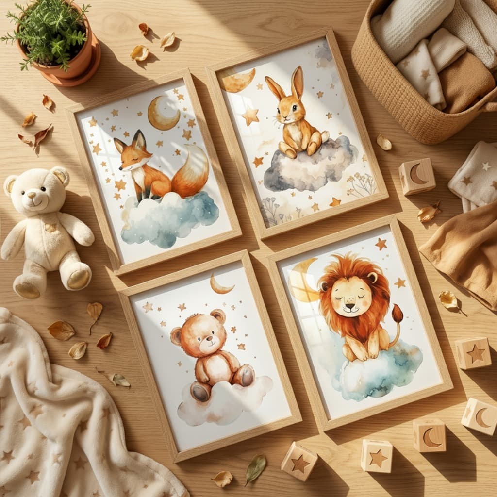 Quadro Decorativo Infantil Kit 4 Animais Fofos Nuvem Lua 24x33cm Moldura Vidro Menino Menina Bebê
