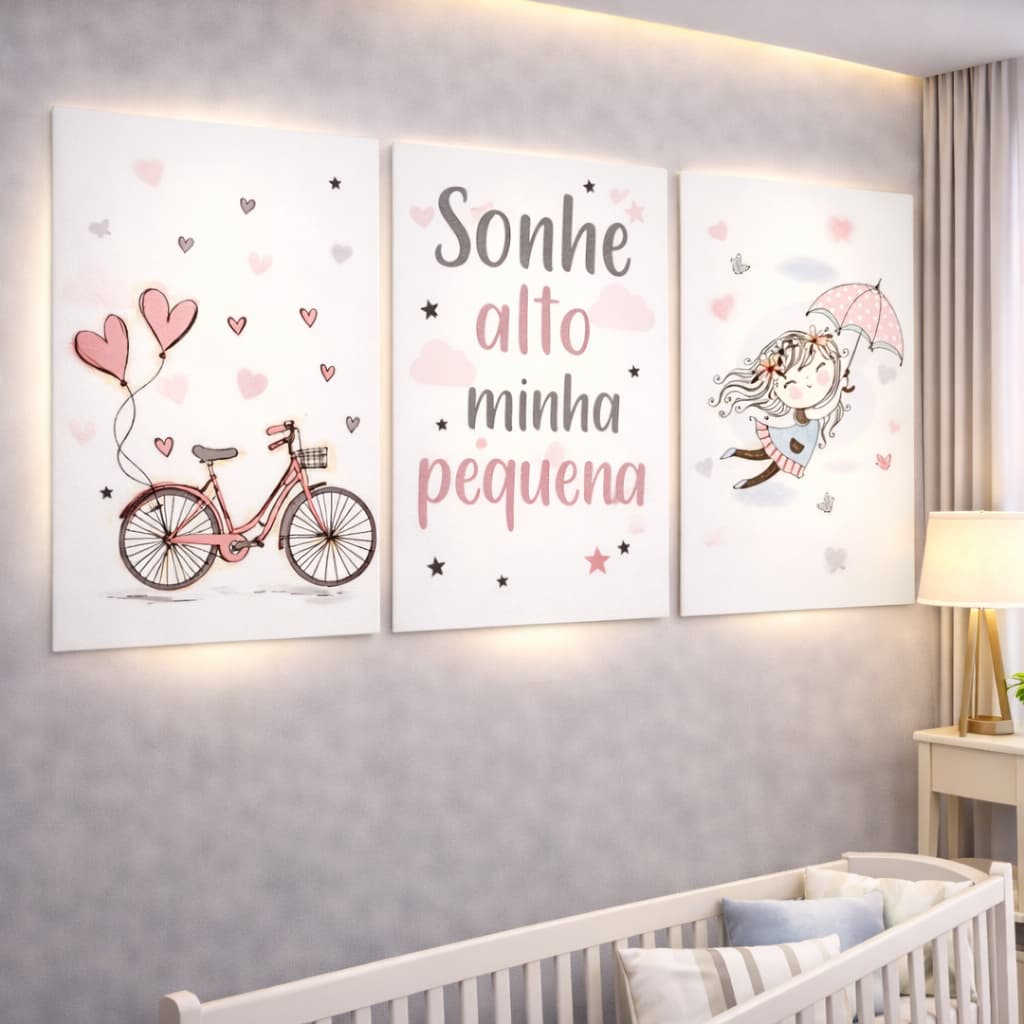 Kit 3 Quadros Quarto Infantil Menina Sonhe Alto Minha Pequena