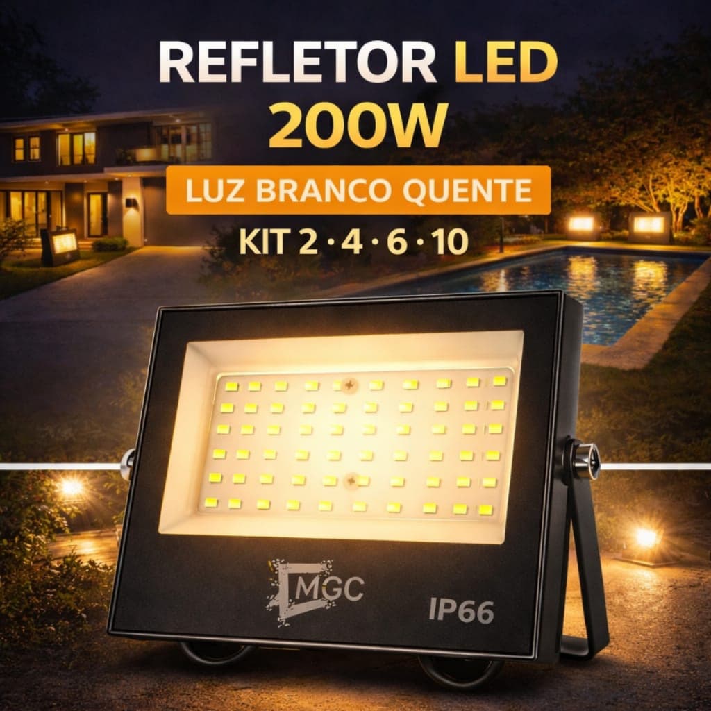 Kit Refletor LED 200W IP66 Bivolt Branco Quente 3000K Holofote LED Iluminação Externa Jardim Garagem