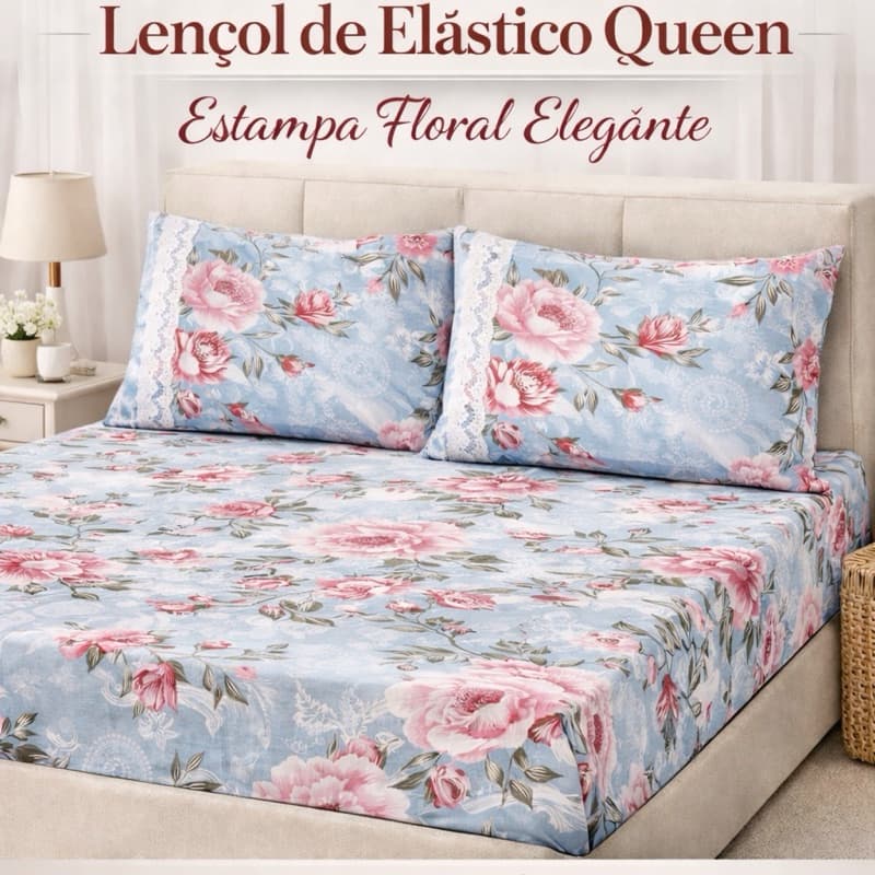 Kit Lençol Malha queen 100% Algodão – Estampa fundo azul flores rosa | 3 Peças