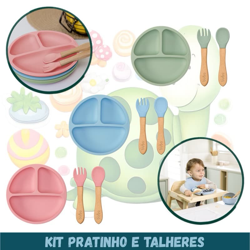 Kit 3 peças para alimentação prato colher garfo infantil Buba silicone bebês introdução alimentar
