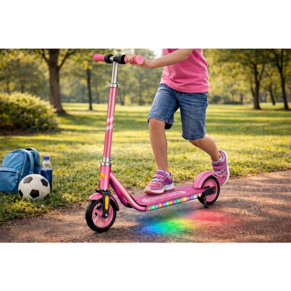 Patinete Elétrico Infantil Rosa Laranja Azul com LED Velocidade Segura Bateria Durável Scooter Criança