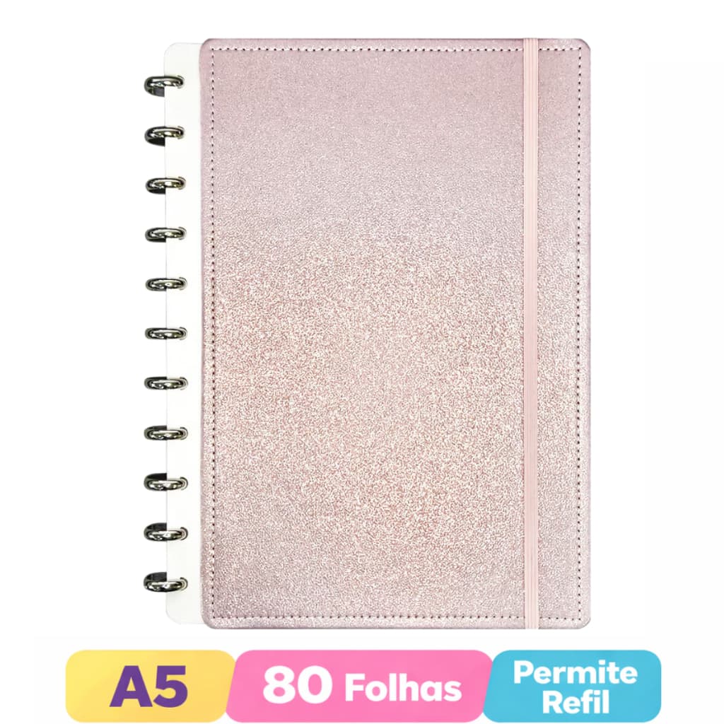 Caderno Inteligente Cor Rosa A5 Capa Dura Universitário 80 folhas 8 discos Pautado Papelaria Fofa Permite refil