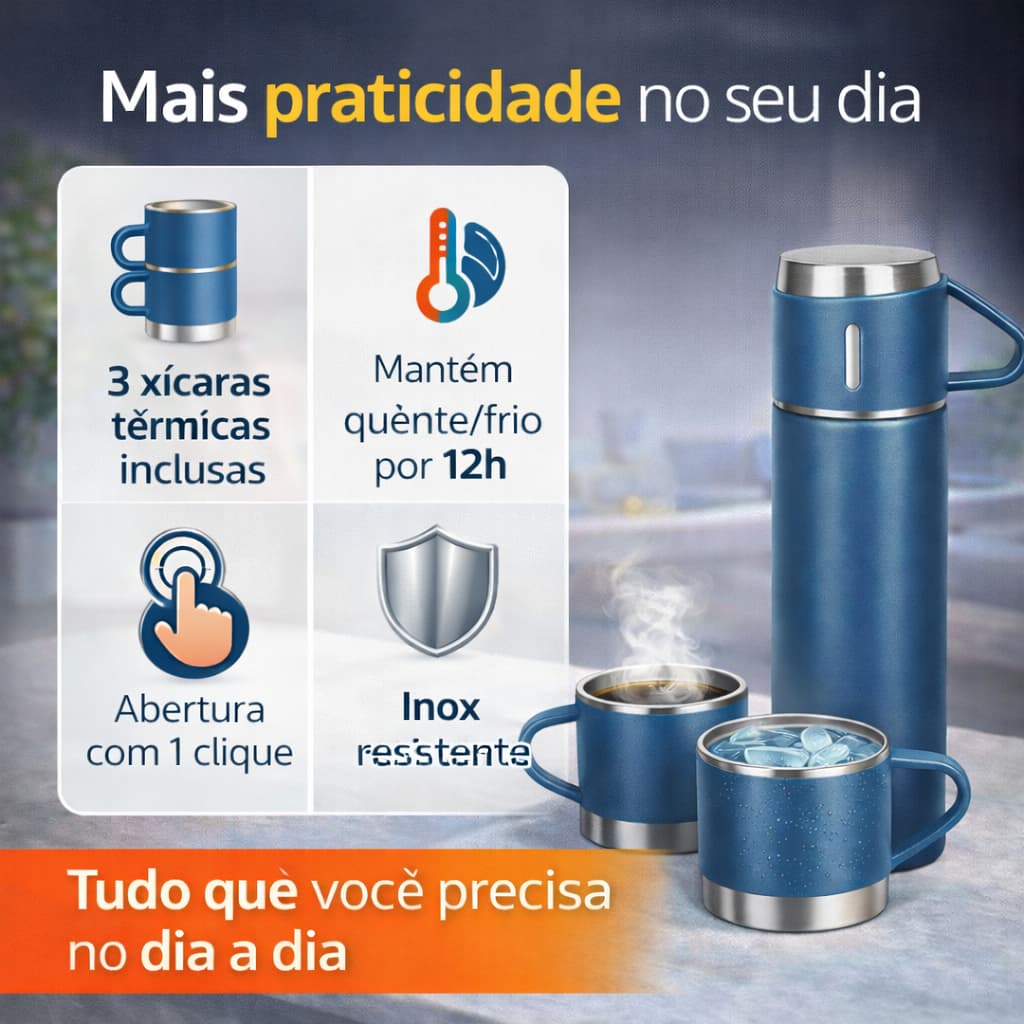 Garrafa Térmica Inox 500ml com 3 Xícaras Conserva Quente e Frio 12h Viagem Academia Azul