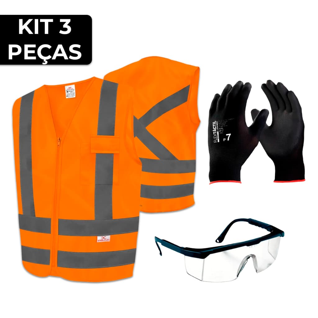 Kit EPI Colete Refletivo, Óculos de Segurança Incolor, Luva Tátil para Motorista Entregador e Obras.