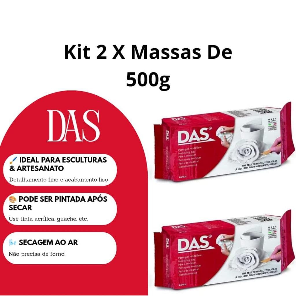 Kit Massa DAS 2x500g Branca Cerâmica Fria Massa de Modelar Escultura Seca Sem Forno
