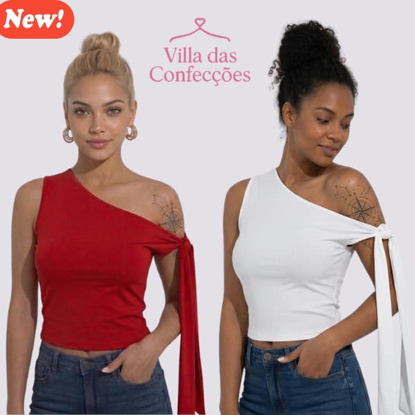 Blusa Feminina Cropped Alça Única Nó Ombro Liso Premium Tendência Verão Blogueira Casual Confortável