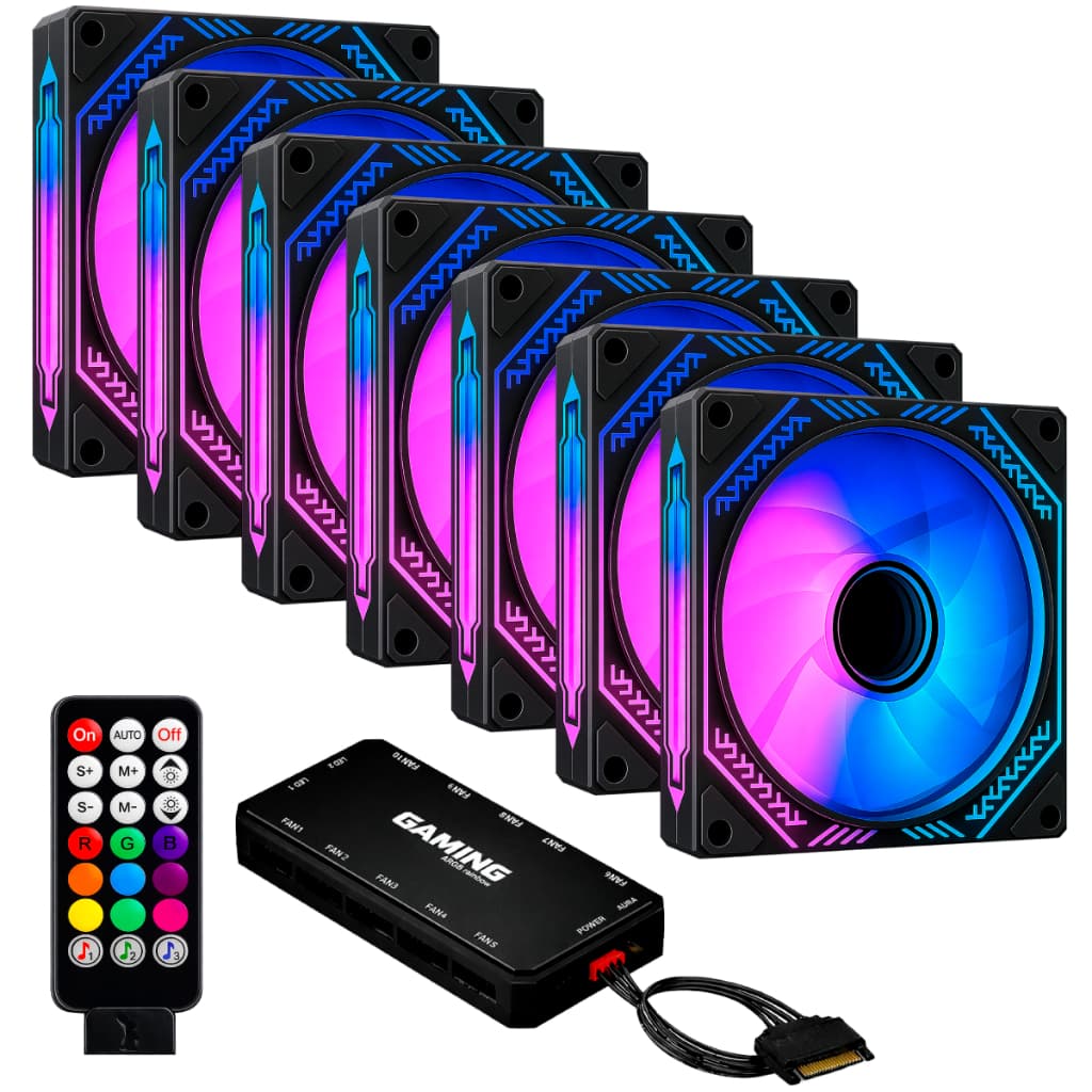 Kit 7 Fans Cooler Ventoinhas Aura Black Infinity ARGB Pc Gamer C/ Controladora Hub Preto