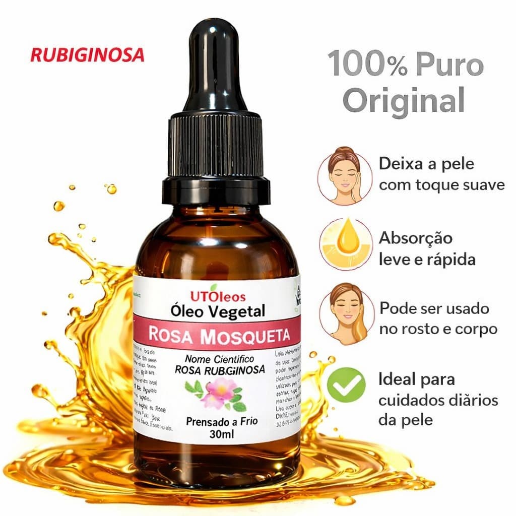 Rosa Mosqueta Óleo Vegetal 30ml Rosa Rubiginosa Uso Diário Capilar Facial Corporal Textura Leve