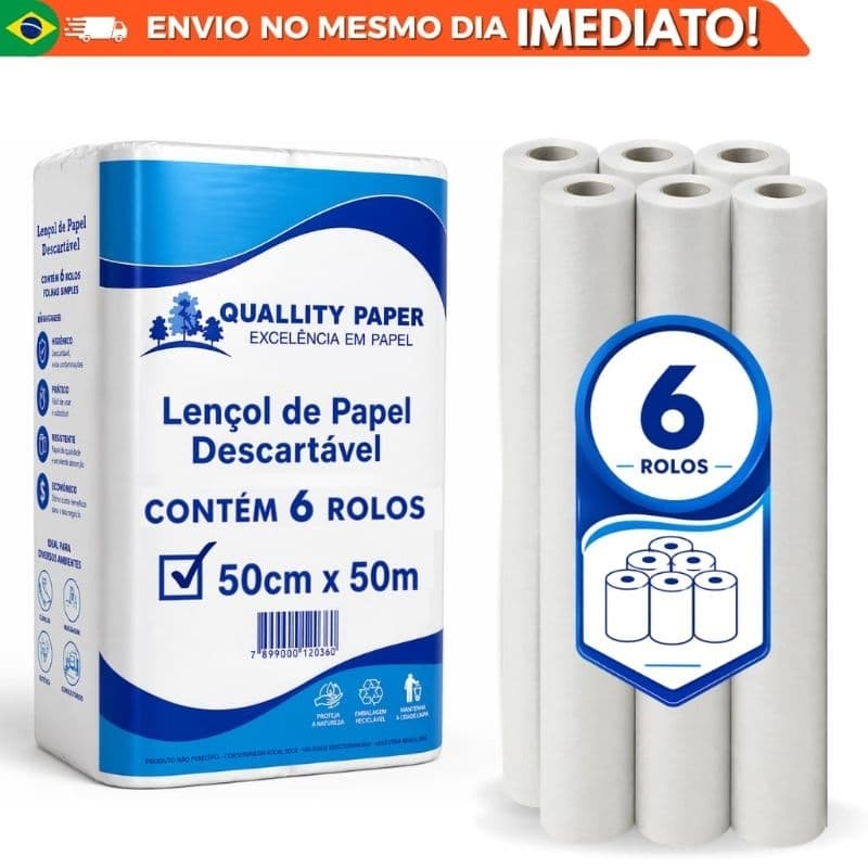 Lençol Hospitalar de Papel 50cm x 50m Kit 6 Rolos para Maca Clínica Estética Consultório Desc. Higiênico Resistent11