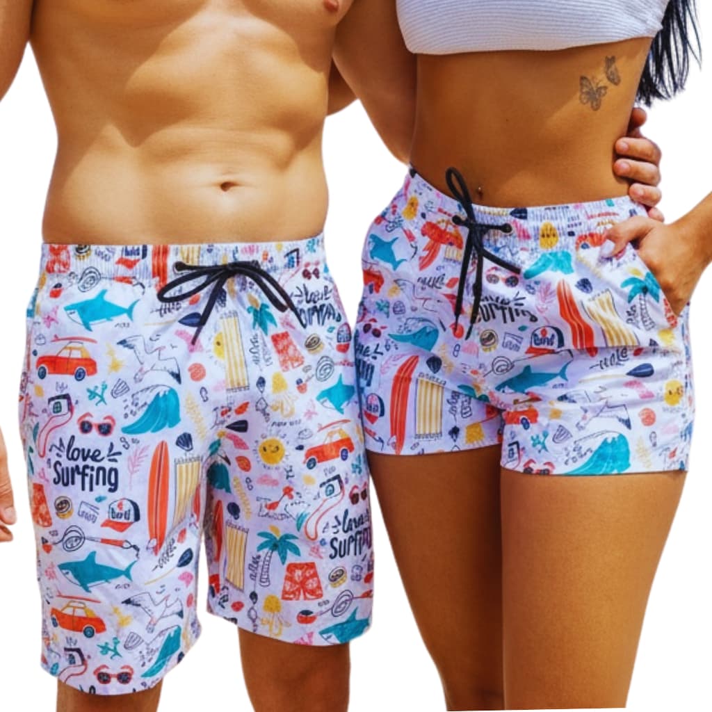 CONJUNTO DE CASAL SHORTS E BERMUDA TACTEL ELASTANO PRAIA BANHO