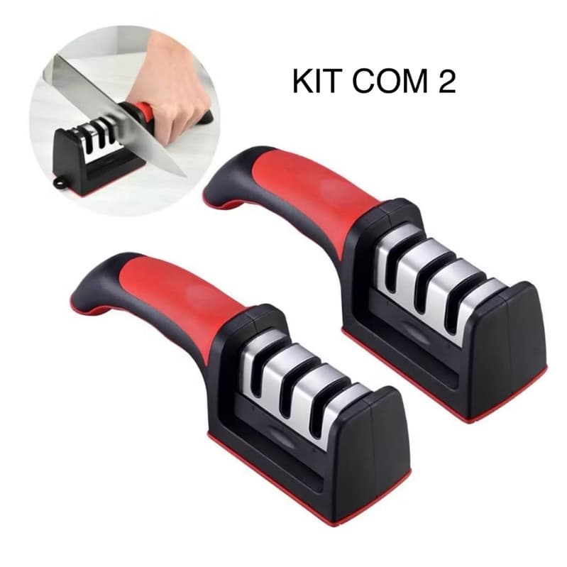 Kit 2 Unidades Amolador Afiador Facas Amolador 3 em 1 Afia Fácil Aço Inox Cozinha Profissional Antiderrapante