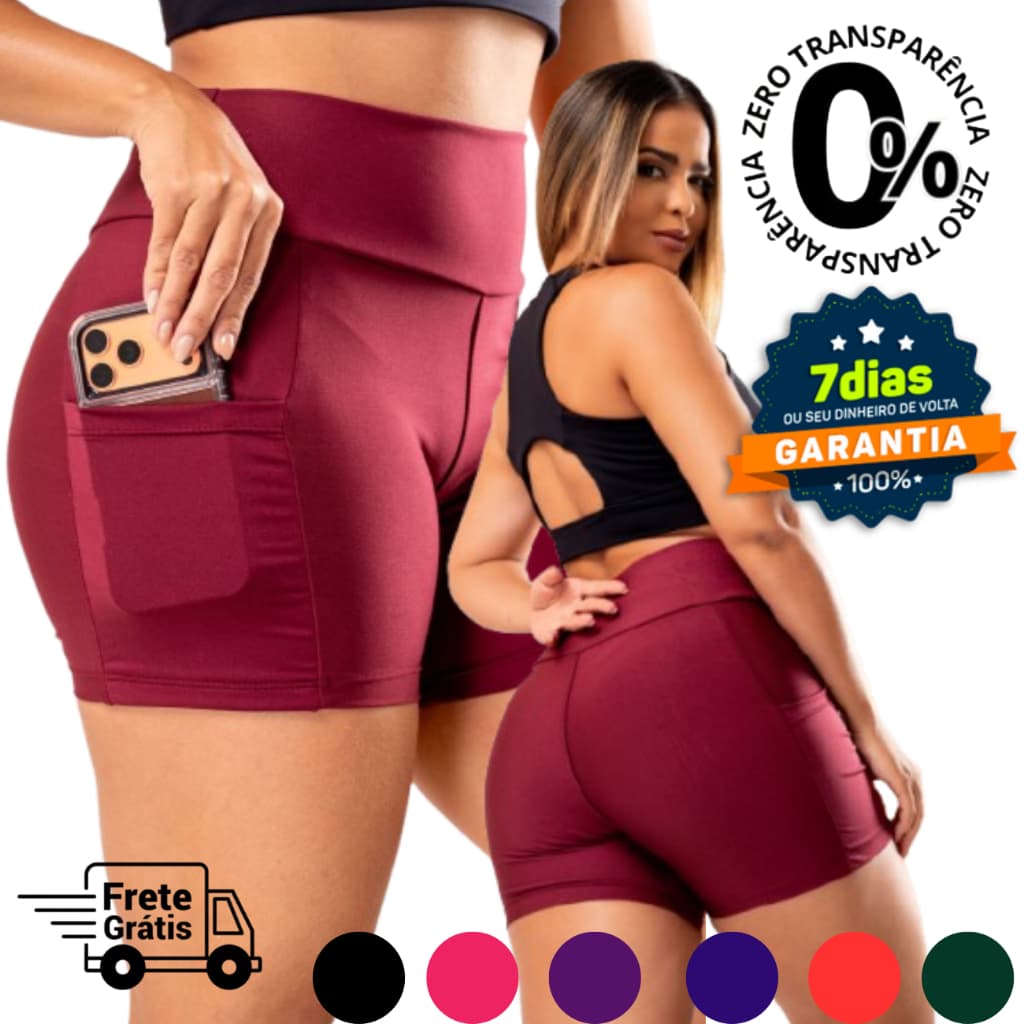Short Academia Feminino Cintura Alta Zero Transparência Fitness Compressão Modela Bumbum Não Marca