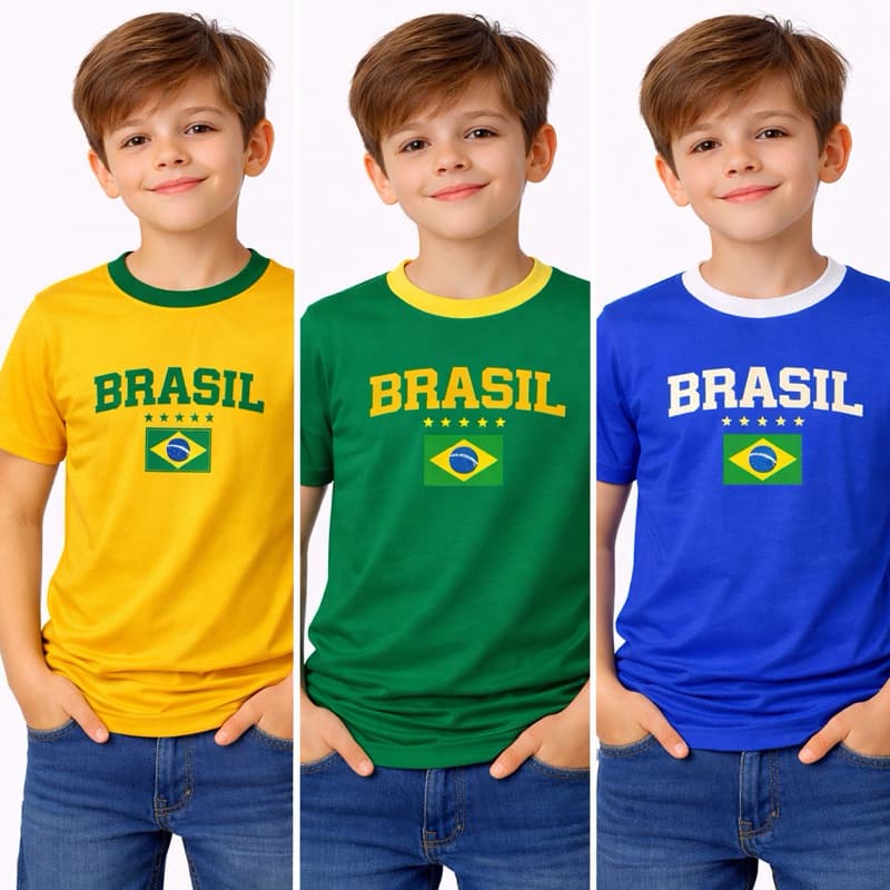 Camiseta Infantil Brasil Retrô 🇧🇷 | Poliéster Premium | Torcida Copa | Amarelo Verde Azul