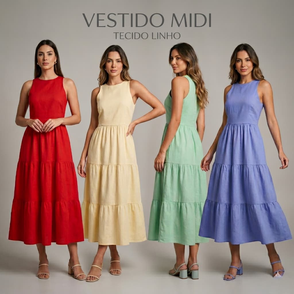 Vestido Midi Feminino Em Linho Com Bolsos Funcionais Sem Mangas Elegante Casual Alfaiataria Saia Camadas Moda Evangélica