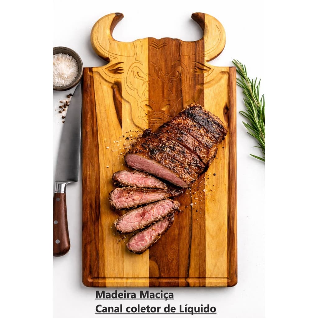 Tábua de Corte Churrasco Madeira Maciça Touro Canal Coletor Carne Tábua Gourmet Presente