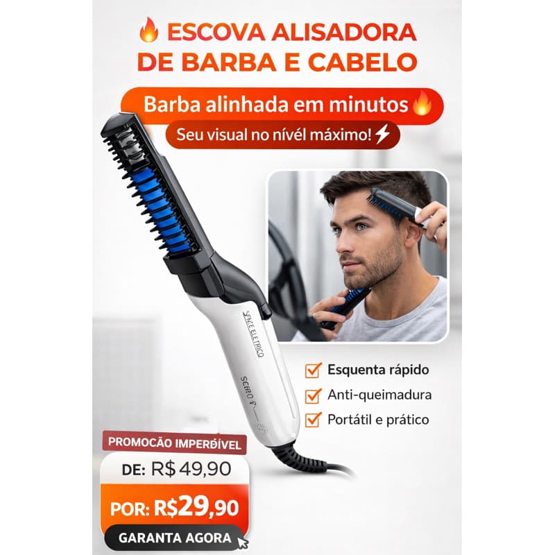 🔥 Escova Alisadora Profissional de Barba e Cabelo Masculino | Rápida, Portátil e Segura