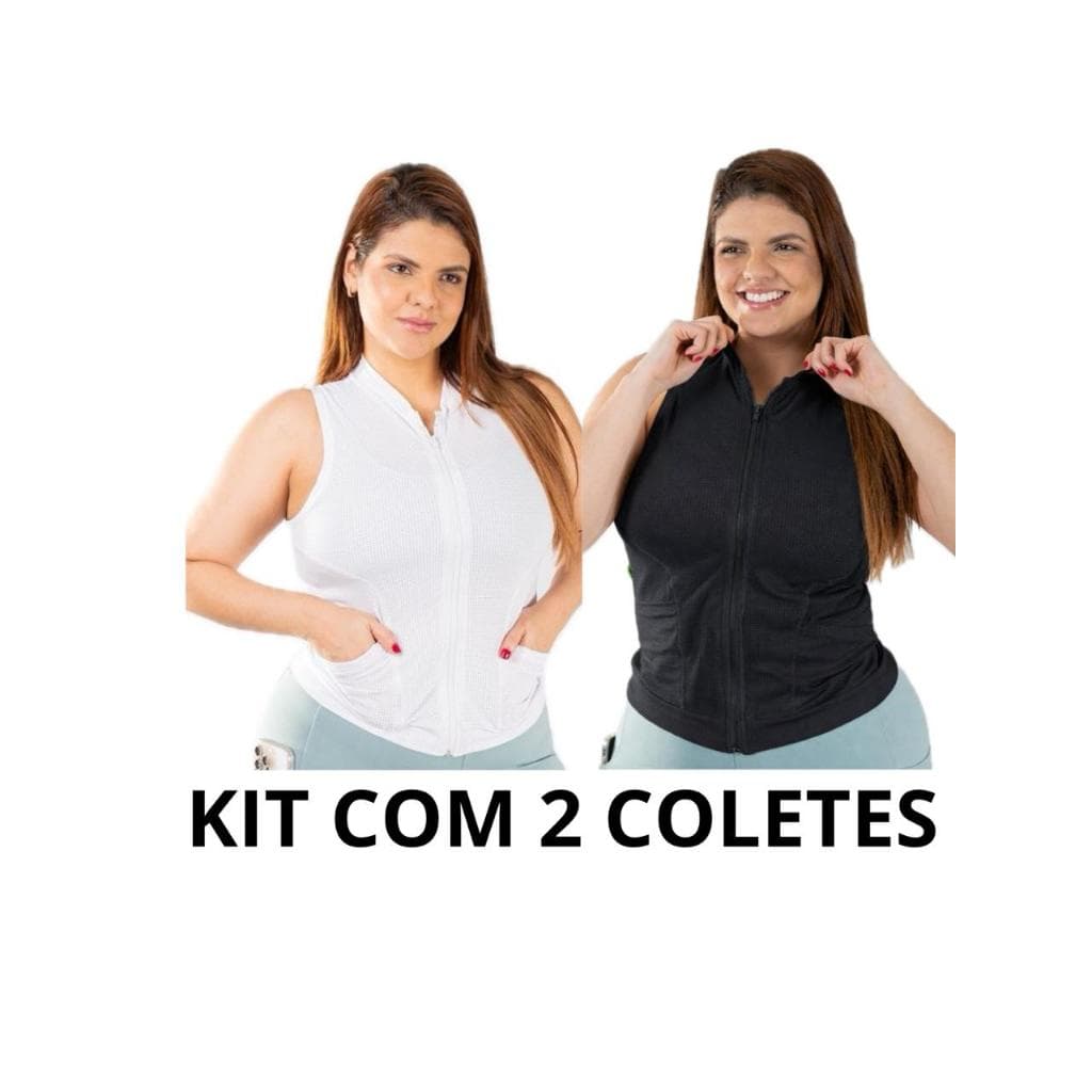 Kit 2 Coletes Feminino Academia Com Bolsos e Zíper Frontal DryFit Preto e Branco Estiloso Tecido Respirável
